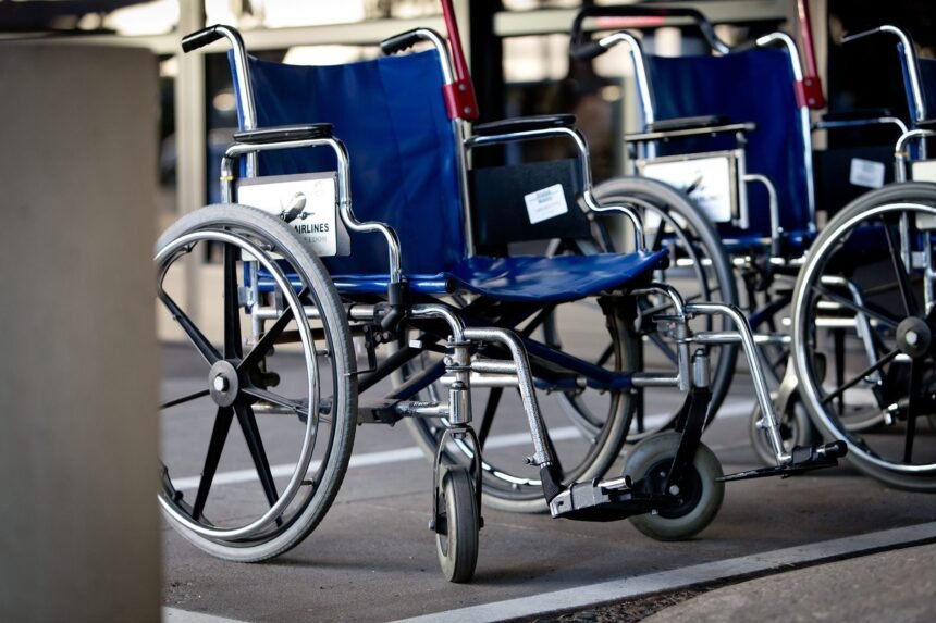 Wheelchairs are lined up at San Diego International Airport in this file photo. Airlines damaged or lost more than 11