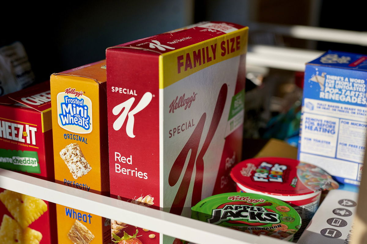 <i>Gabby Jones/Bloomberg/Getty Images via CNN Newsource</i><br />Kellogg's Frosted Mini Wheats and Special K cereals arranged in Germantown