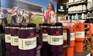 Stanley tumblers are displayed on a shelf at a Dick's Sporting Goods store on February 2nd in Daly City