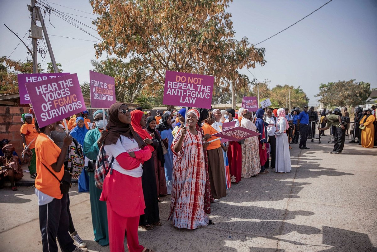 <i>Malick Njie/Reuters via CNN Newsource</i><br/>Gambians protest against a bill aimed at decriminalizing female genital mutilation as parliament debates the bill in Banjul on March 18.