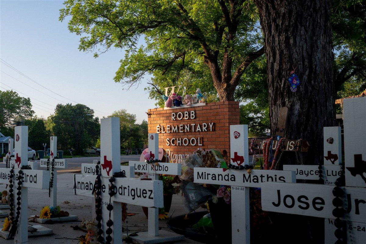 <i>Brandon Bell/Getty Images via CNN Newsource</i><br/>A memorial dedicated to the victims of the mass shooting at Robb Elementary School is seen on April 27