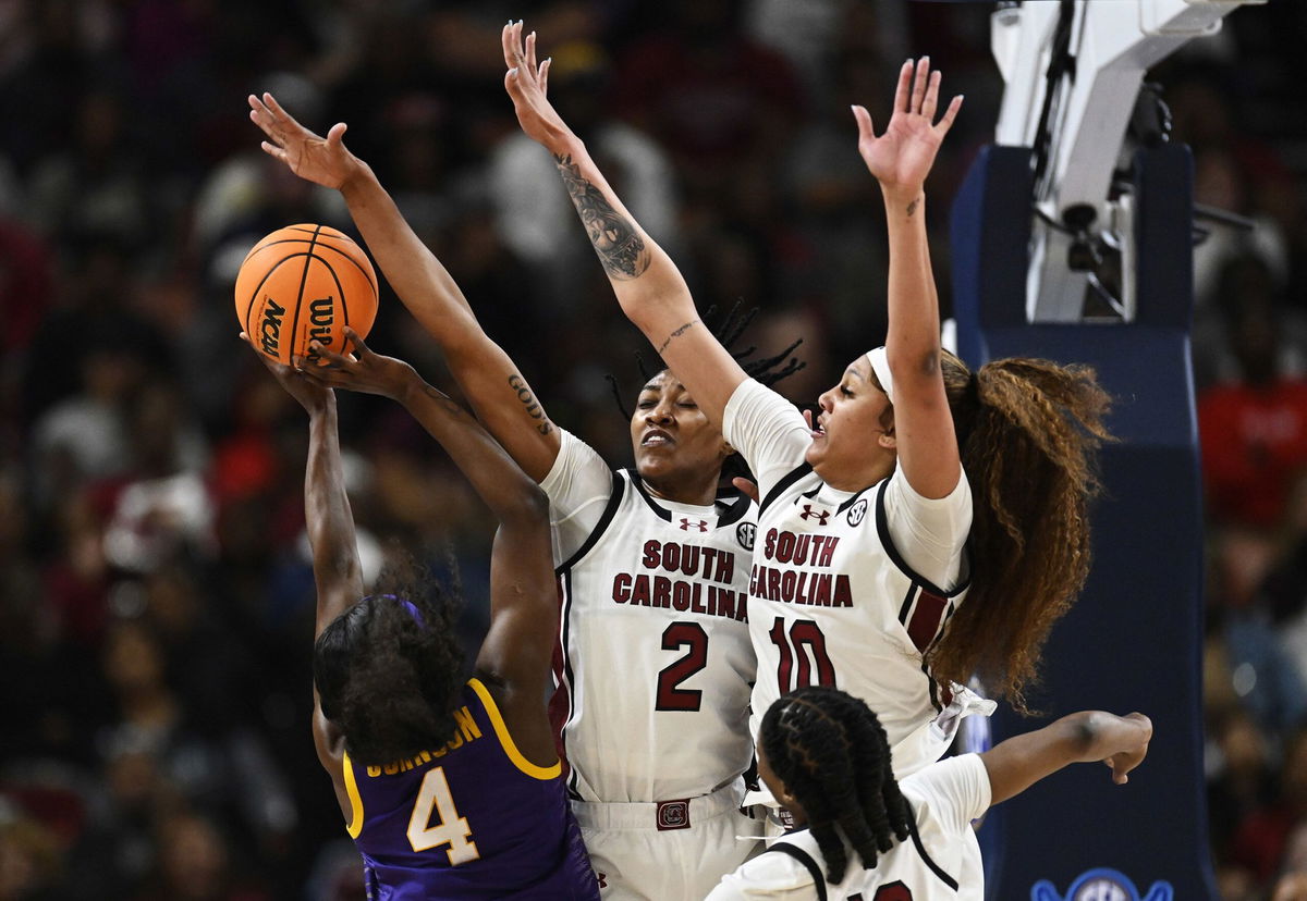 <i>Eakin Howard/Getty Images via CNN Newsource</i><br/>Cardoso holds a towel to her lip after an altercation against LSU.