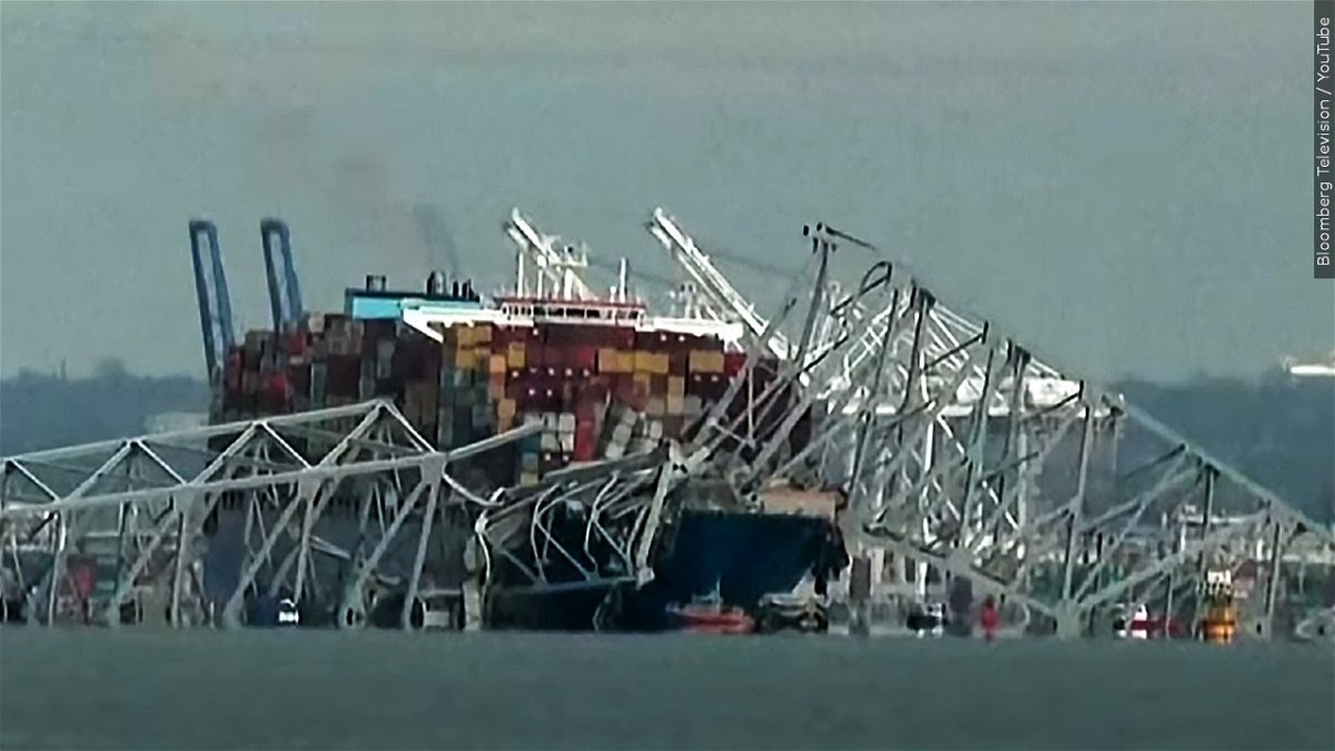 Singapore-flagged container vessel Dali after hitting the Francis Scott Key Bridge in Baltimore Maryland, Photo Date: 3/26/24