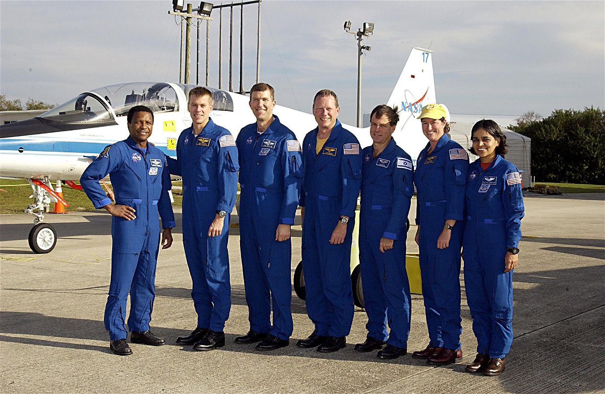 <i>NASA via CNN Newsource</i><br/>The STS-107 crew gathered at NASA's Kennedy Space Center in Florida prior to the January 2003 launch: (from left) Michael P. Anderson