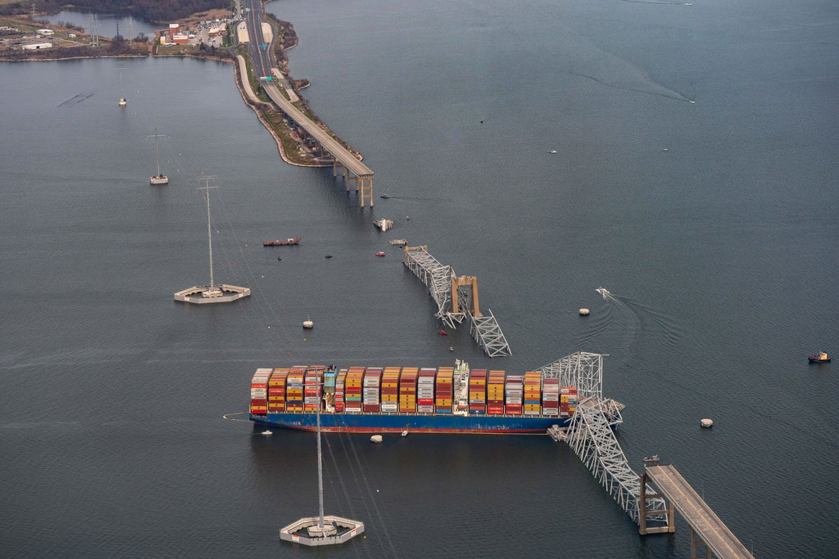 The Dali container vessel after striking the Francis Scott Key Bridge on Tuesday, March 26.