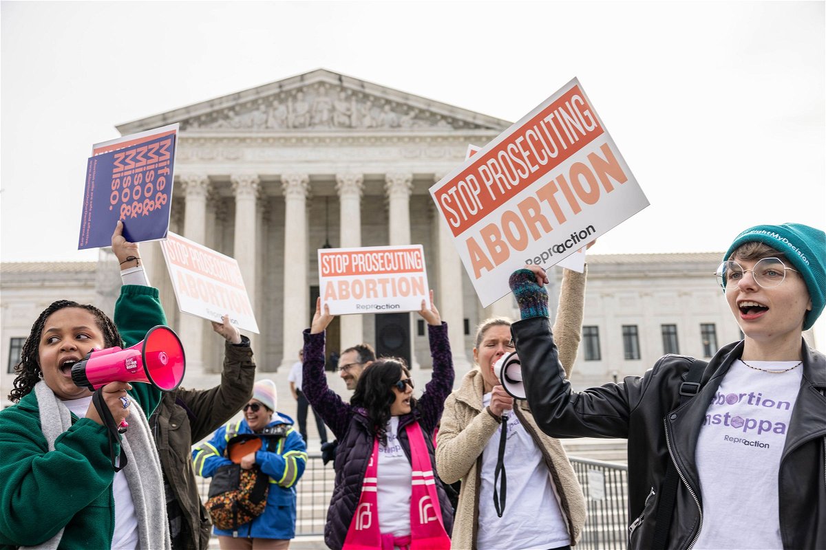 <i>Anna Rose Layden/Getty Images via CNN Newsource</i><br />Demonstrators gather in front of the Supreme Court as the court hears oral arguments in the case of the U.S. Food and Drug Administration v. Alliance for Hippocratic Medicine on March 26
