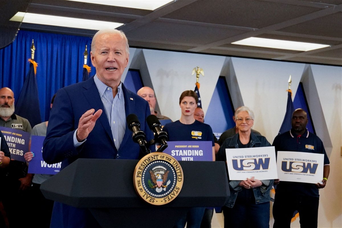 <i>Susan Walsh/AP via CNN Newsource</i><br/>President Joe Biden speaks about his infrastructure plan and his domestic agenda during a visit to the Electric City Trolley Museum in Scranton