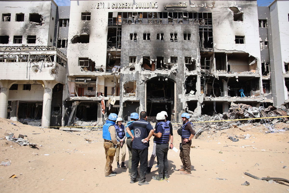 <i>AFP/Getty Images via CNN Newsource</i><br/>A United Nations team inspects the grounds of Al-Shifa hospital after an Israeli raid on April 8.