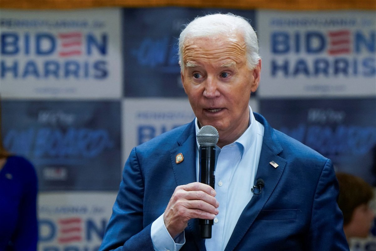 <i>Elizabeth Frantz/Reuters via CNN Newsource</i><br/>President Joe Biden speaks with supporters and volunteers attending a campaign training event at the Carpenters and Joiners Local 445 in Scranton