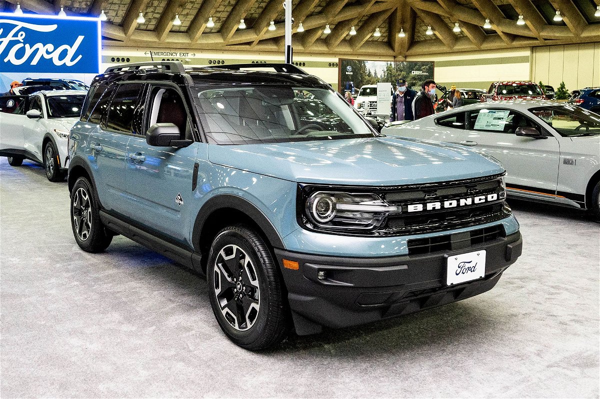 <i>Michael Brochstein/SOPA Images/Shutterstock via CNN Newsource</i><br/>A 2022 Ford Bronco Sport is displayed at the 2022 Maryland Auto Show.