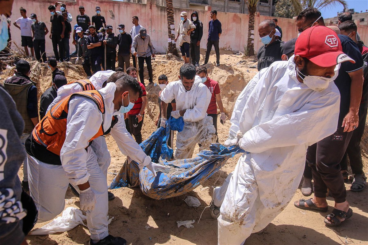 <i>Ahmad Salem/Bloomberg/Getty Images via CNN Newsource</i><br />Palestinian health workers recover buried bodies from a mass grave at the Nasser Medical Hospital compound in Khan Younis