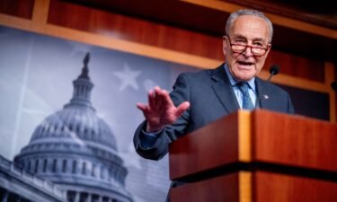 Senate Majority Leader Chuck Schumer speaks to reporters on Capitol Hill on April 17. The Senate will take up the House-passed $95 billion foreign aid package this week.