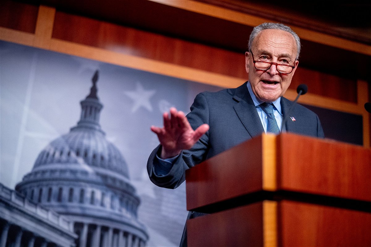 <i>Andrew Harnik/Getty Images via CNN Newsource</i><br />Senate Majority Leader Chuck Schumer speaks to reporters on Capitol Hill on April 17. The Senate will take up the House-passed $95 billion foreign aid package this week.