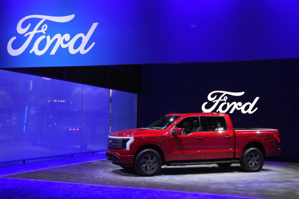 <i>Allison Dinner/EPA-EFE/Shutterstock/File via CNN Newsource</i><br />Ford unveils the new F-150 Lightning electric pickup during a Los Angeles auto show in November. Ford’s electric vehicle unit reported that losses soared in the first quarter to $1.3 billion