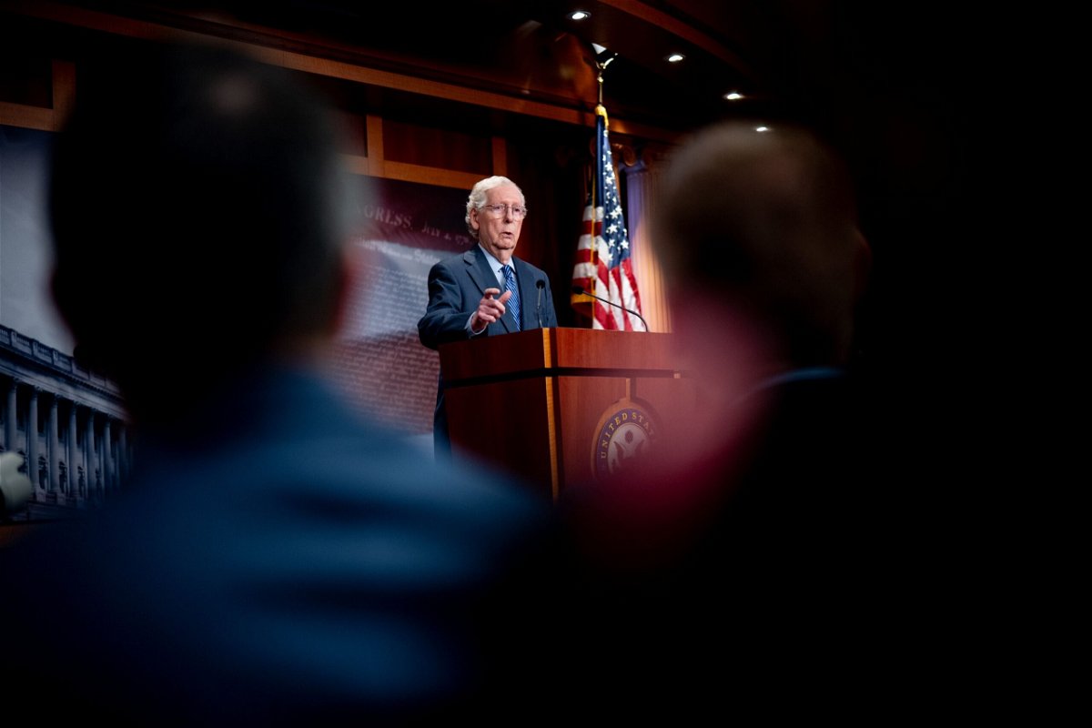 <i>Andrew Harnik/Getty Images via CNN Newsource</i><br />Senate Minority Leader Mitch McConnell speaks at a news conference on Capitol Hill on April 23