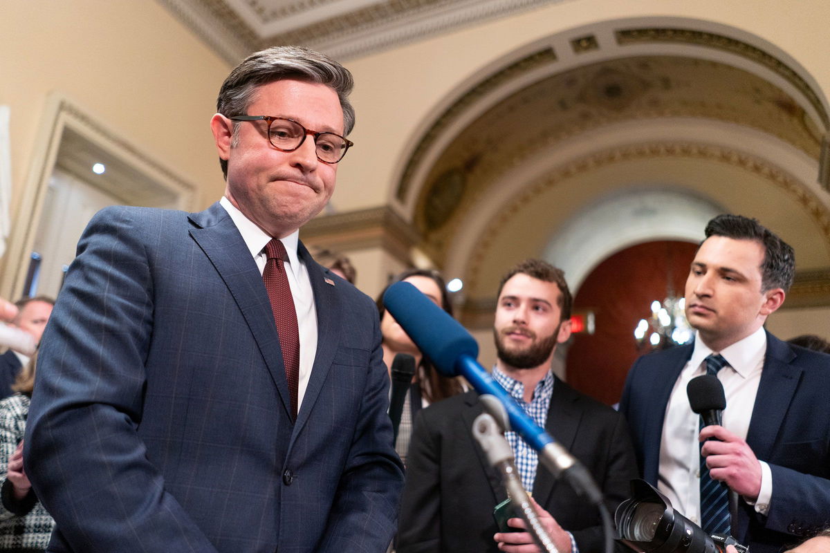 <i>Nathan Howard/Getty Images via CNN Newsource</i><br/>House Speaker Mike Johnson speaks with members of the media following passage of a series of foreign aide bills at the US Capitol in Washington