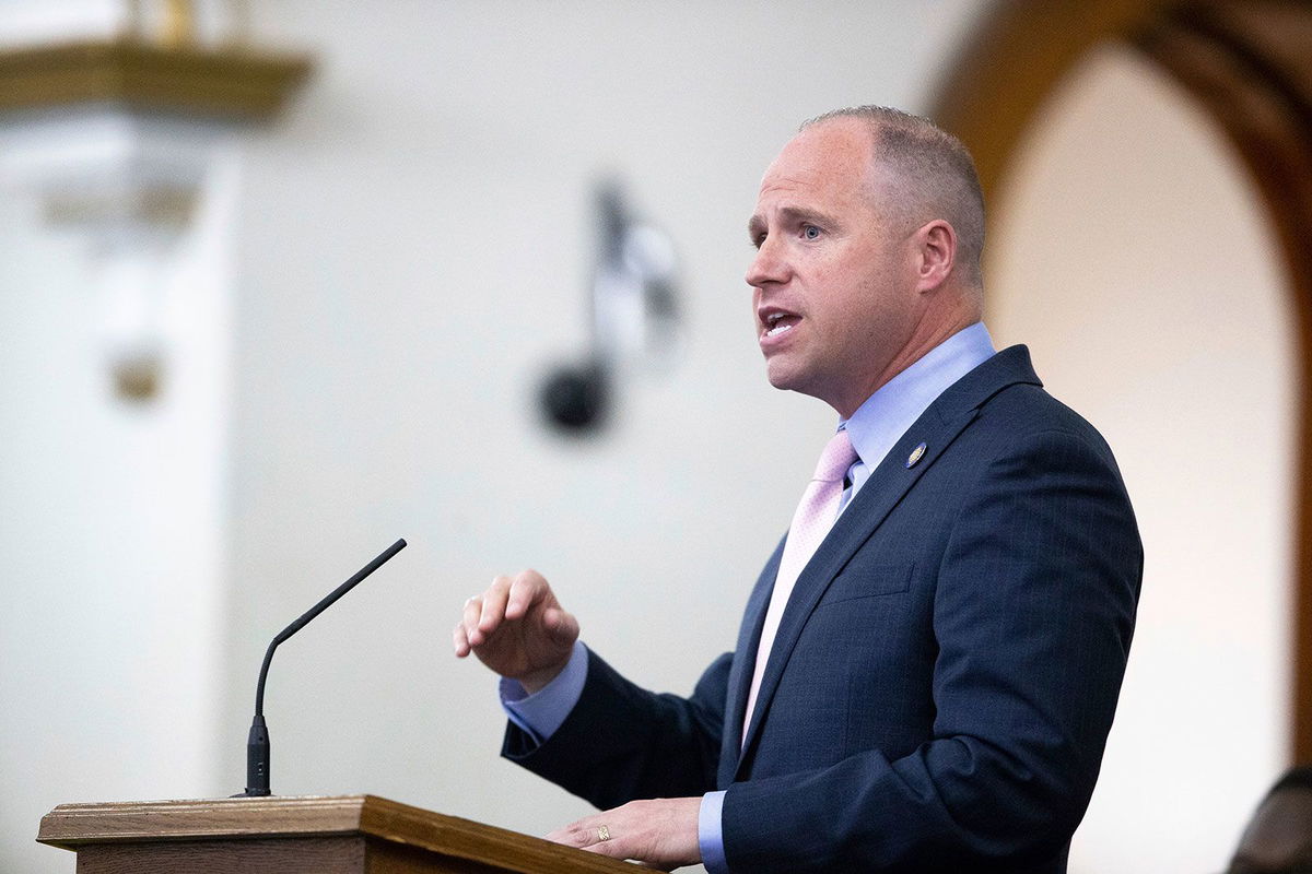 <i>Joshua Bessex/AP/File via CNN Newsource</i><br/>New York state Sen. Tim Kennedy speaks at a church service in Buffalo in May 2022.