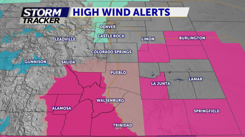 Light pink = high wind watch, dark pink = red flag warning