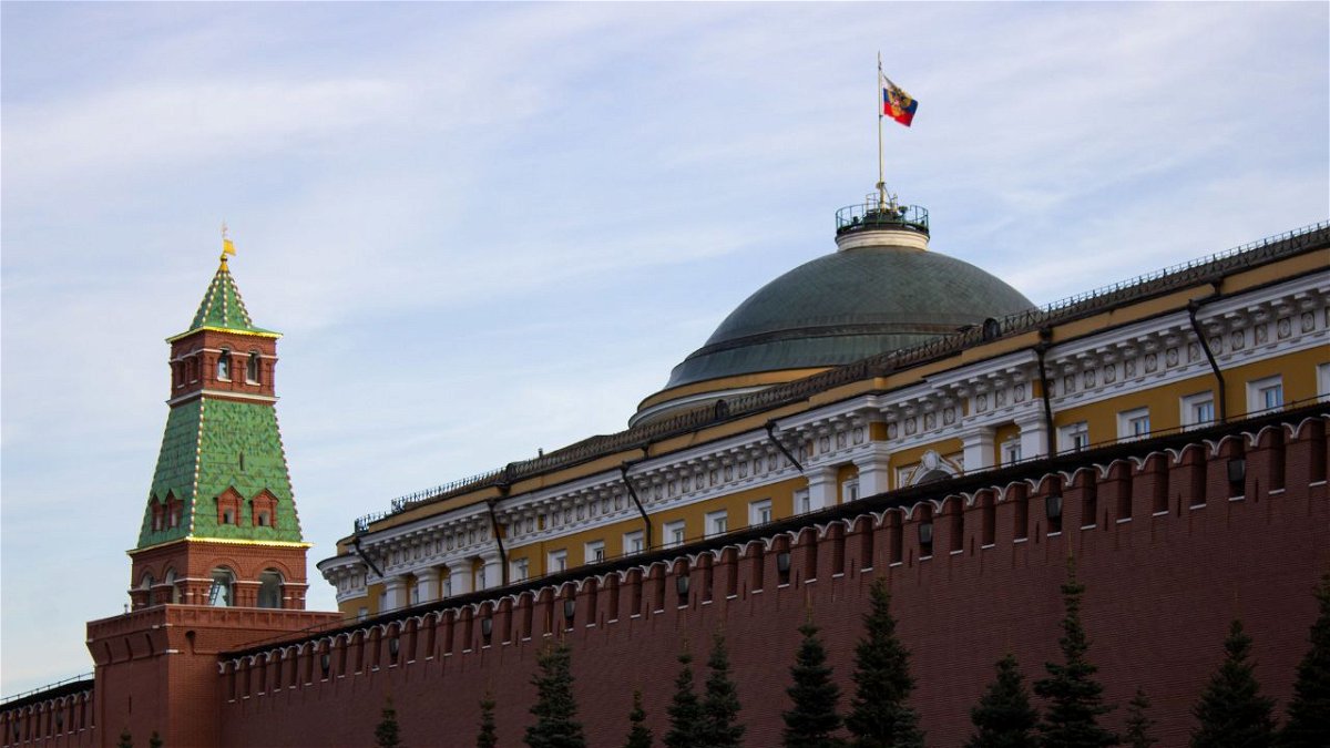 The Russian tricolor flag is seen on top of the Kremlin Senate located inside the Kremlin Wall.
