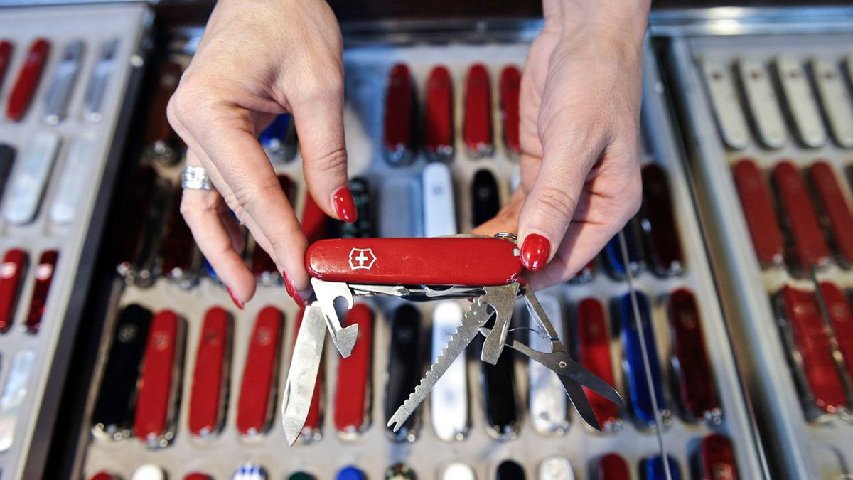 A traditional Victorinox Swiss Army Knife with a blade.
