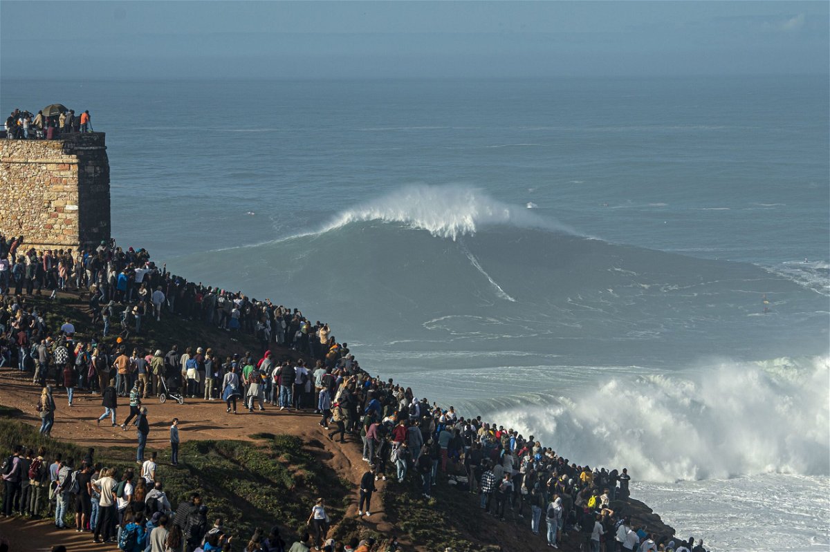 <i>Octavio Passos/Getty Images via CNN Newsource</i><br/>Steudtner rides a wave at the famed surf spot Nazaré