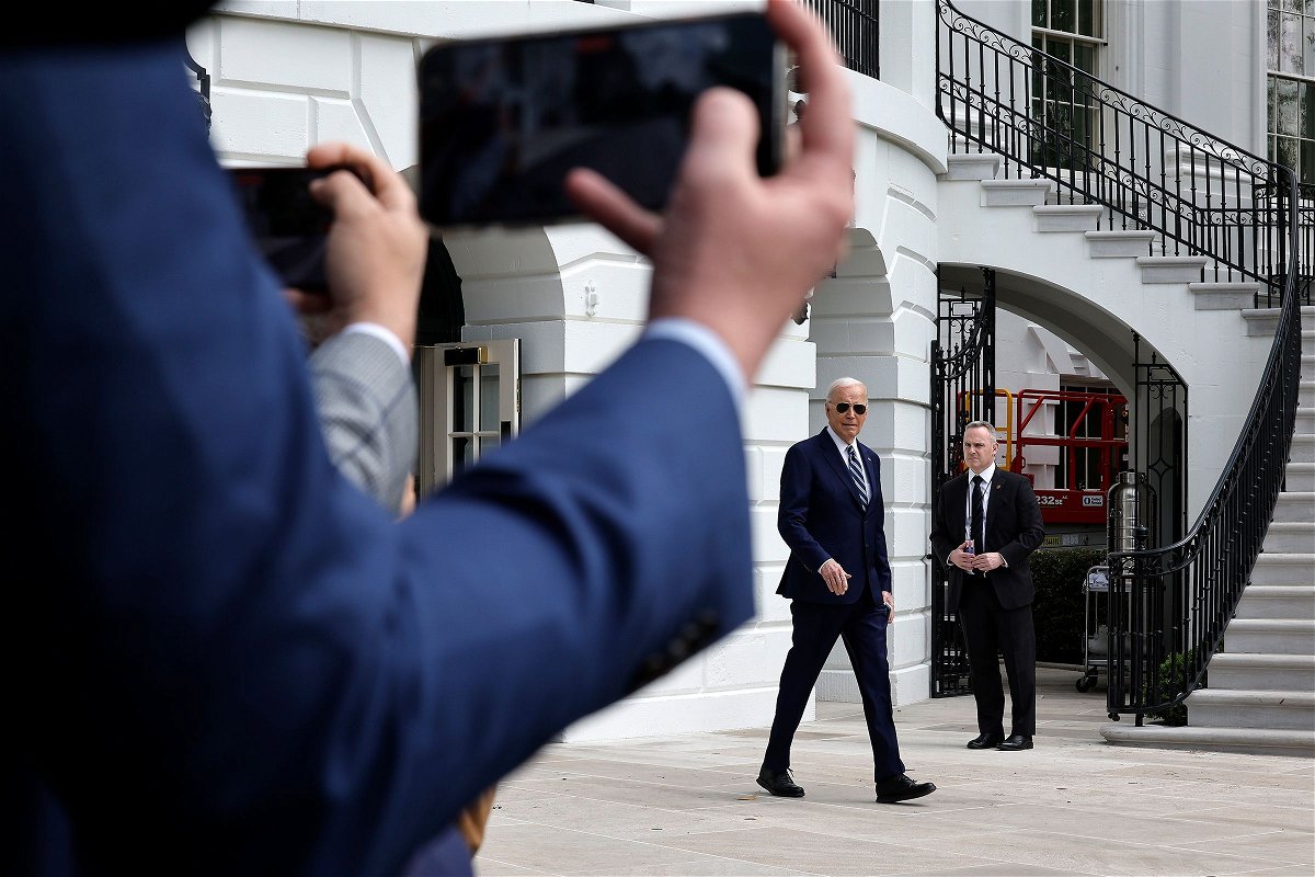 <i>Chip Somodevilla/Getty Images via CNN Newsource</i><br/>President Joe Biden departs the White House on April 25