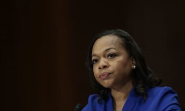 US Assistant Attorney General Kristen Clarke testifies before the Senate Judiciary Committee at the Dirksen Senate Office Building in Washington