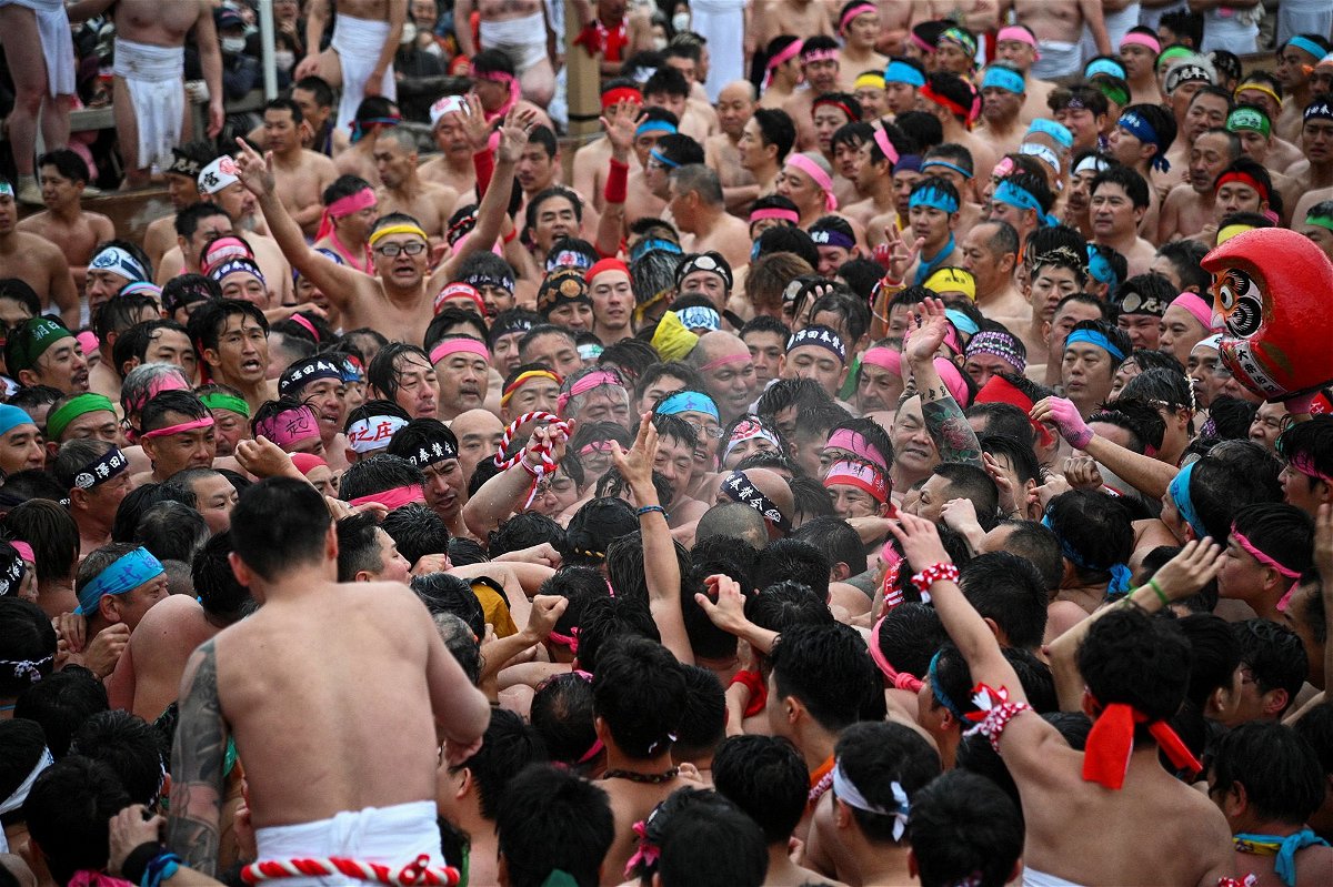 <i>Christopher Gallagher/Reuters via CNN Newsource</i><br/>Men strip naked — except for a delicate piece of crotch-covering white loincloth — to take part in the naked festival at Konomiya Shrine on February 22.