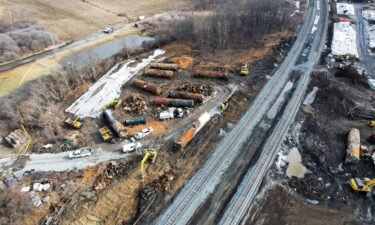 An aerial view of the site of the Norfolk Southern train derailment of a train carrying hazardous chemicals in East Palestine
