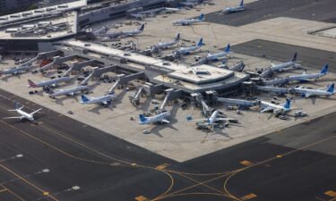 An aerial view of passenger planes at Newark Airport in Newark