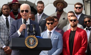 President Joe Biden welcomes the NFL Kansas City Chiefs to the White House in June 2023. The Chiefs' visit to the White House on May 31 comes a few weeks since Chiefs kicker Harrison Butker criticized Biden.