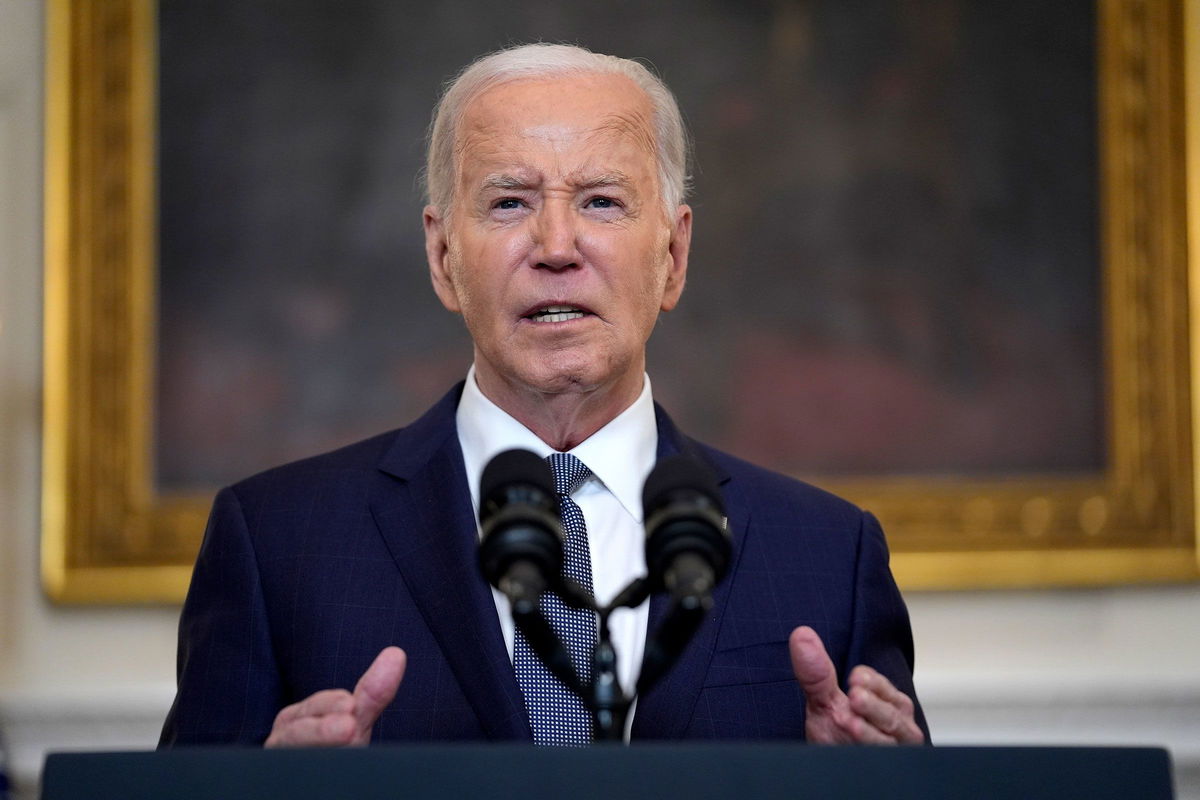 <i>Evan Vucci/AP via CNN Newsource</i><br />President Joe Biden delivers remarks on the verdict in former President Donald Trump's hush money trial and on the Middle East