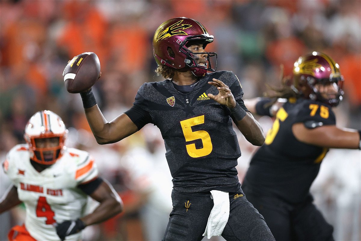 <i>Christian Petersen/Getty Images via CNN Newsource</i><br/>Jaden Rashada throws a pass during the second half of the Arizona State Sun Devils' game against the Oklahoma State Cowboys.