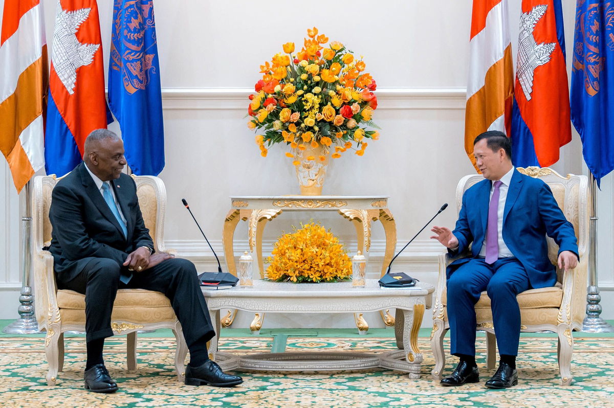 <i>Stringer/Pool/AFP/Getty Images via CNN Newsource</i><br/>US Defence Secretary Lloyd Austin listens as Cambodia's Prime Minister Hun Manet speaks during a meeting at the Peace Palace in Phnom Penh on June 4.