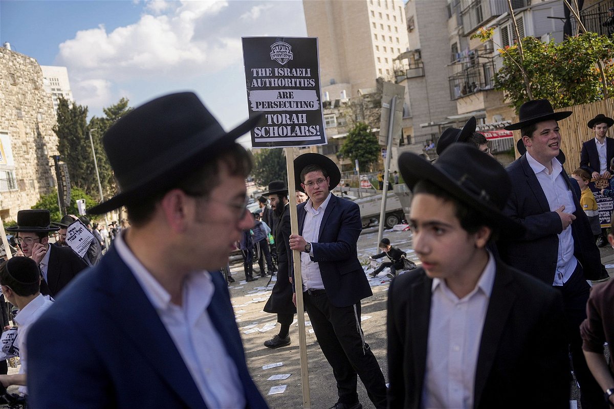 <i>Ohad Zwigenberg/AP via CNN Newsource</i><br/>Ultra-Orthodox Jewish men protest in Jerusalem against compulsory military service