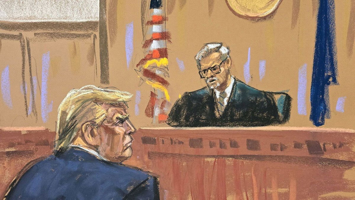 <i>Jane Rosenberg via CNN Newsource</i><br />Judge Juan Merchan and former President Donald Trump appear in this courtroom sketch. Trump can now publicly speak about witnesses like Michael Cohen and Stormy Daniels who testified at his New York criminal trial.