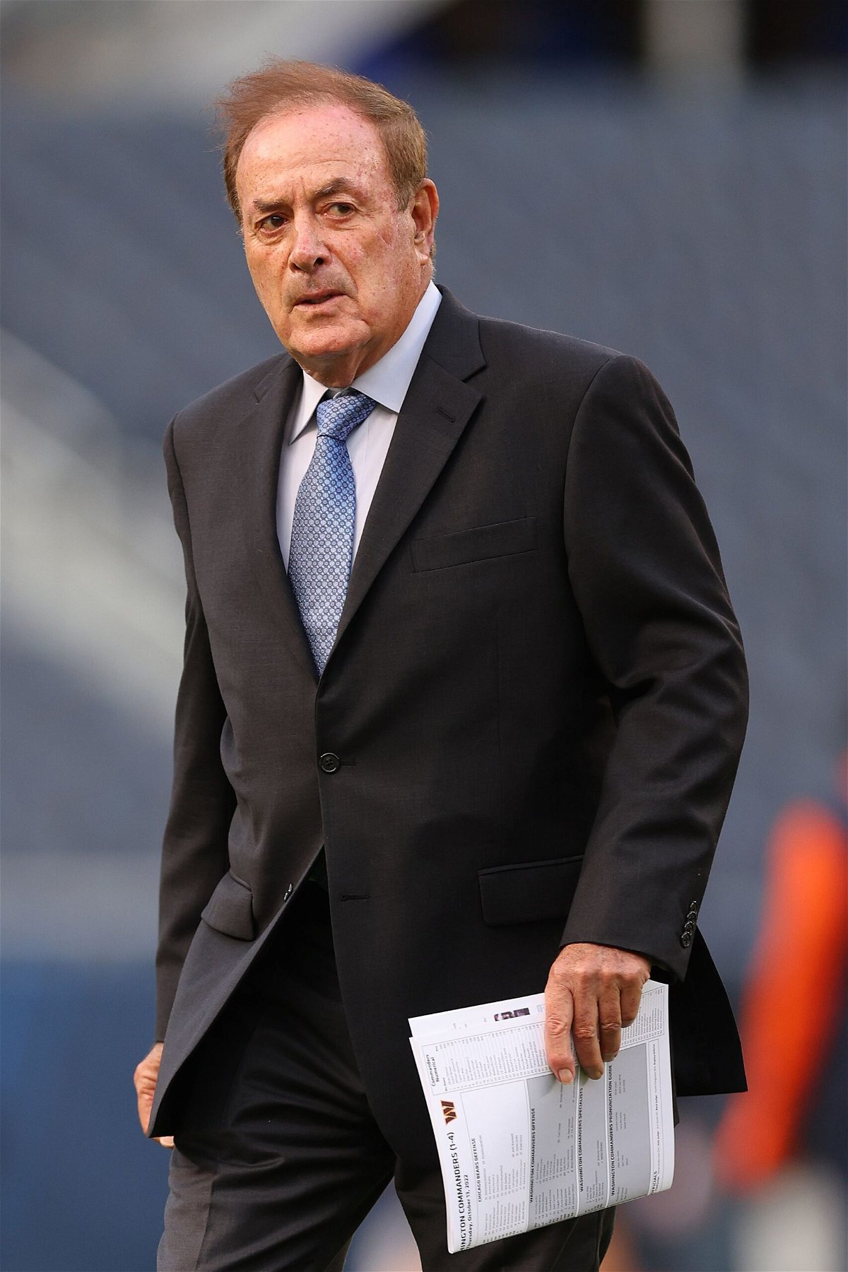 <i>Michael Reaves/Getty Images via CNN Newsource</i><br />Sports commentator Al Michaels looks on prior to the game between the Chicago Bears and the Washington Commanders at Soldier Field in October 2022 in Chicago