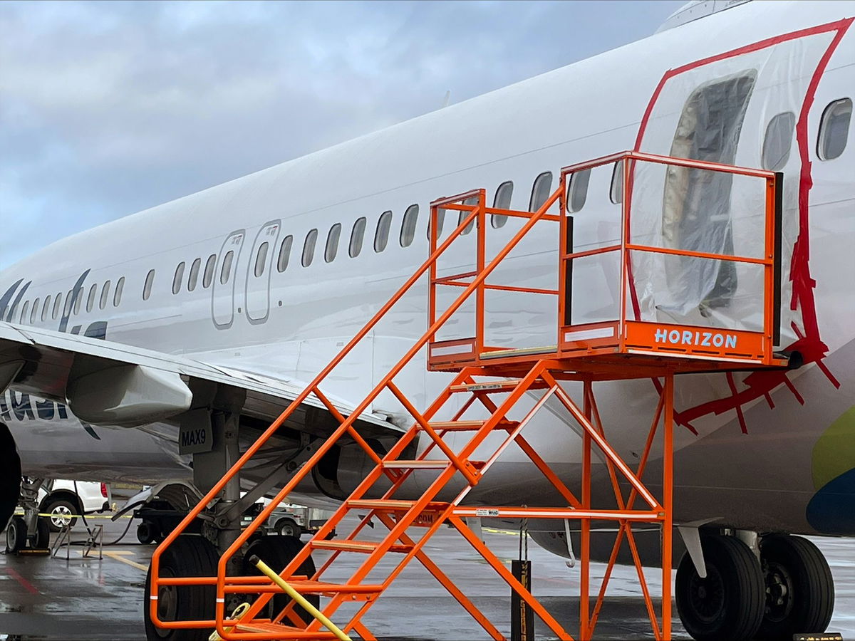 <i>NTSB/Handout/Getty Images via CNN Newsource</i><br/>This photo from the National Transportation Safety Board shows the exterior of the fuselage plug area of Alaska Airlines Flight 1282 Boeing 737-9 Max.