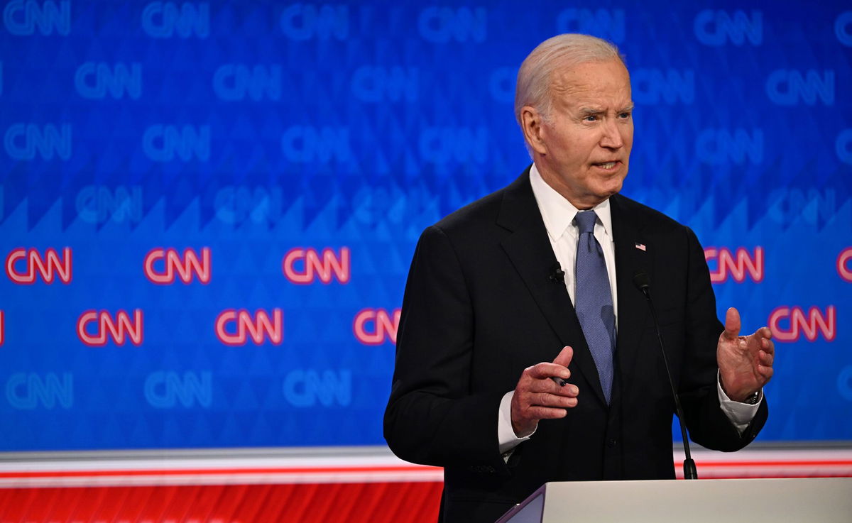 <i>Will Lanzoni/CNN via CNN Newsource</i><br/>President Joe Biden debates with former President Donald Trump at CNN's Atlanta studios on Thursday night.