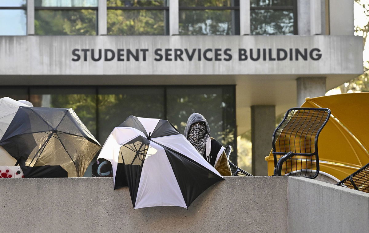 <i>Keith Birmingham/The Orange County Register/AP via CNN Newsource</i><br/>Pro-Palestinian student protesters barricade the entrance to the student services building at California State University