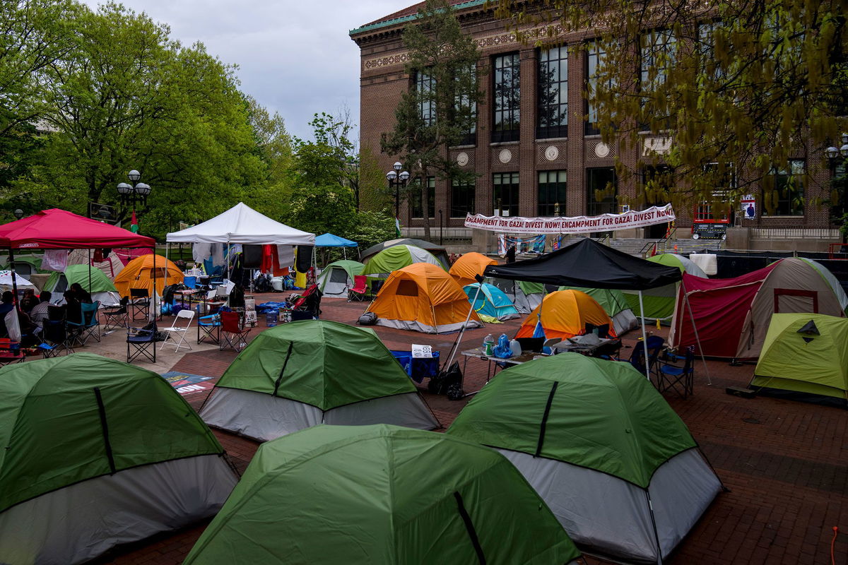 <i>Nic Antaya/Getty Images via CNN Newsource</i><br/>Students establish a Gaza solidarity encampment on the University of Michigan's campus on May 4