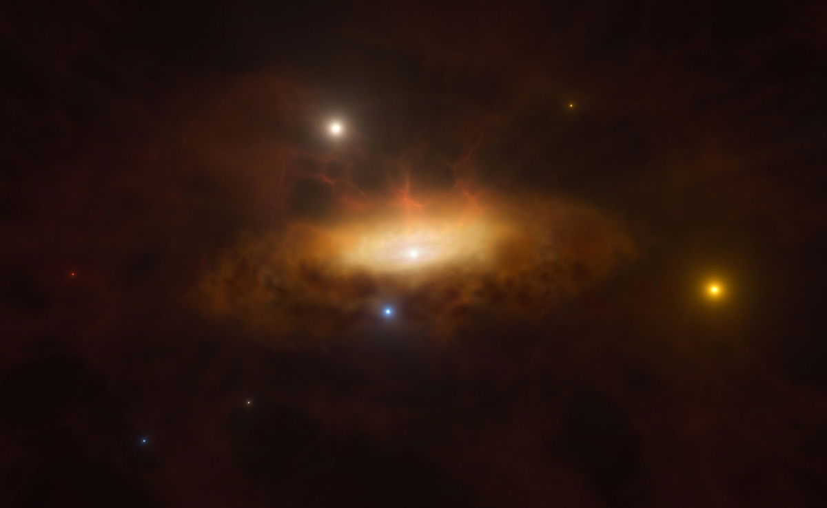 <i>M. Kornmesser/ESO via CNN Newsource</i><br />An artist's illustration shows a massive black hole as it wakes up at the center of a distant galaxy. The black hole pulls in a growing disk of material as it feeds on surrounding gas