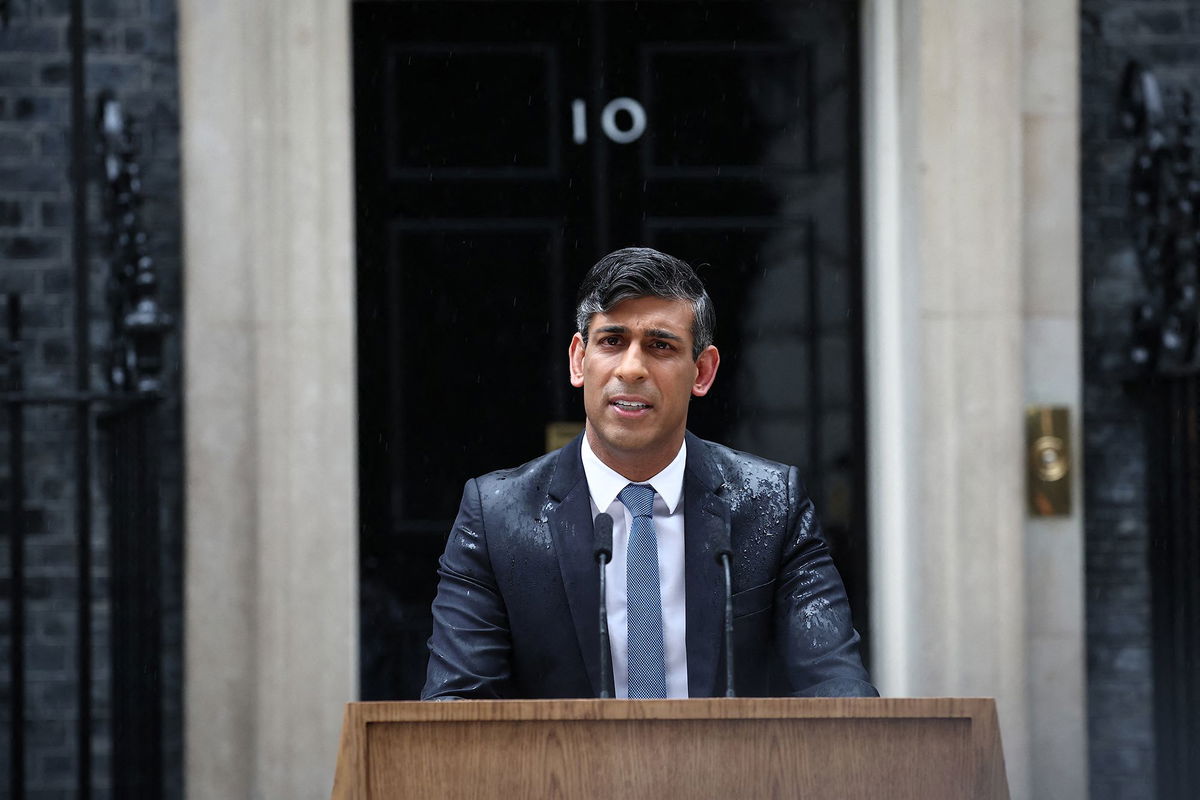 <i>Henry Nicholls/AFP/Getty Images via CNN Newsource</i><br/>Britain's Prime Minister Rishi Sunak delivers a speech to announce the UK's next general election