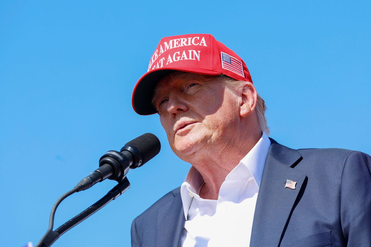 <i>Anna Moneymaker/Getty Images via CNN Newsource</i><br/>Former President Donald Trump speaks during a rally at Greenbrier Farms on June 28