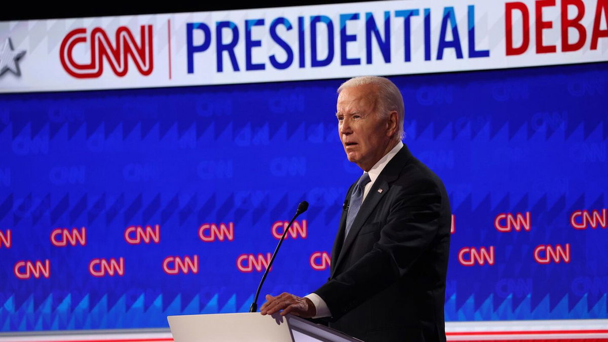 <i>Austin Steele/CNN via CNN Newsource</i><br/>President Joe Biden speaks during the CNN Presidential Debate in Atlanta on June 27.