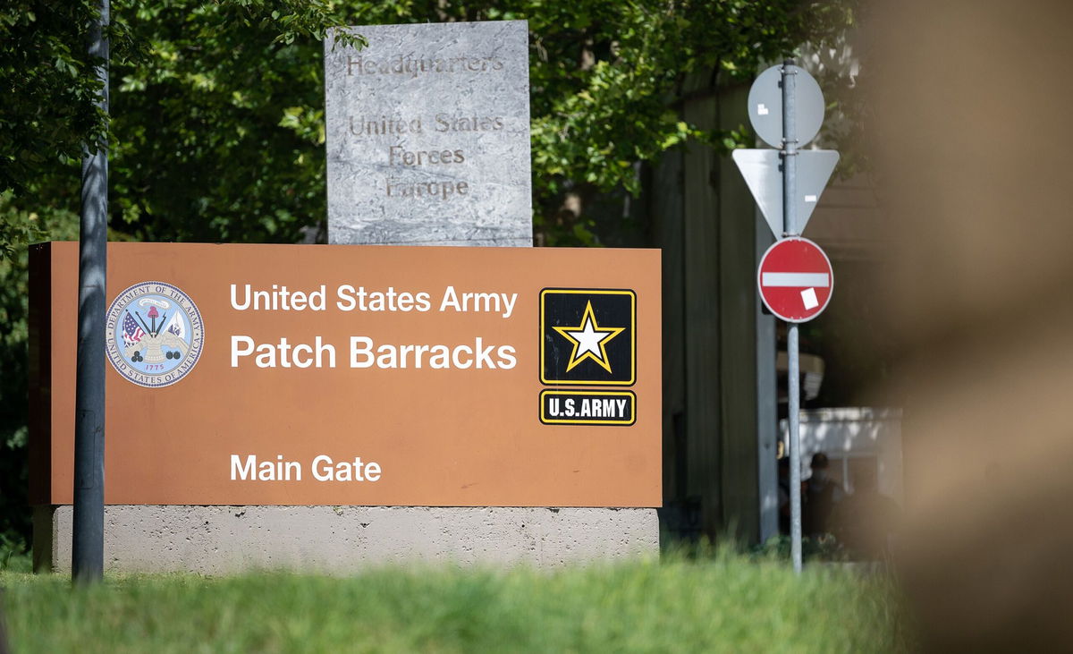 <i>Sebastian Gollnow/picture alliance/Getty Images via CNN Newsource</i><br />A sign indicates the entrance to the Patch Barracks of the United States Army and the headquarters of the US forces in Europe.