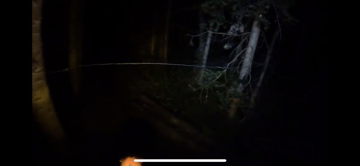 A wire strung across the Wilson Mesa Trail is illuminated by a dirt bike rider's light. 