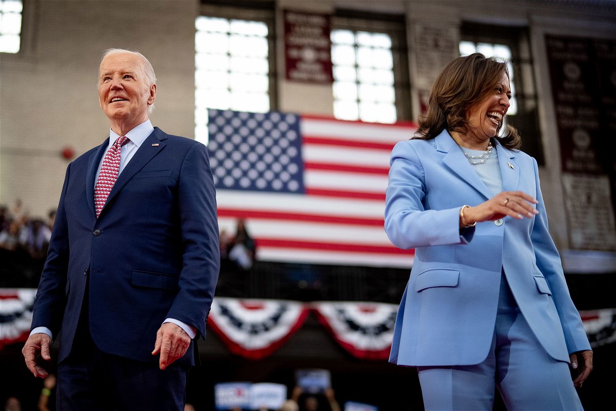 <i>Andrew Harnik/Getty Images via CNN Newsource</i><br />President Joe Biden and Vice President Kamala Harris take the stage at a campaign rally at Girard College on May 29 in Philadelphia.