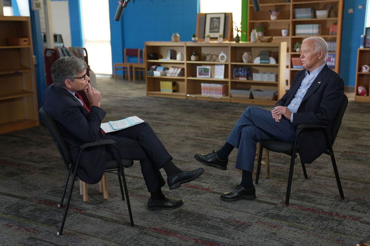 <i>ABC News via CNN Newsource</i><br/>President Joe Biden speaks during an interview with ABC News anchor George Stephanopoulos in Madison