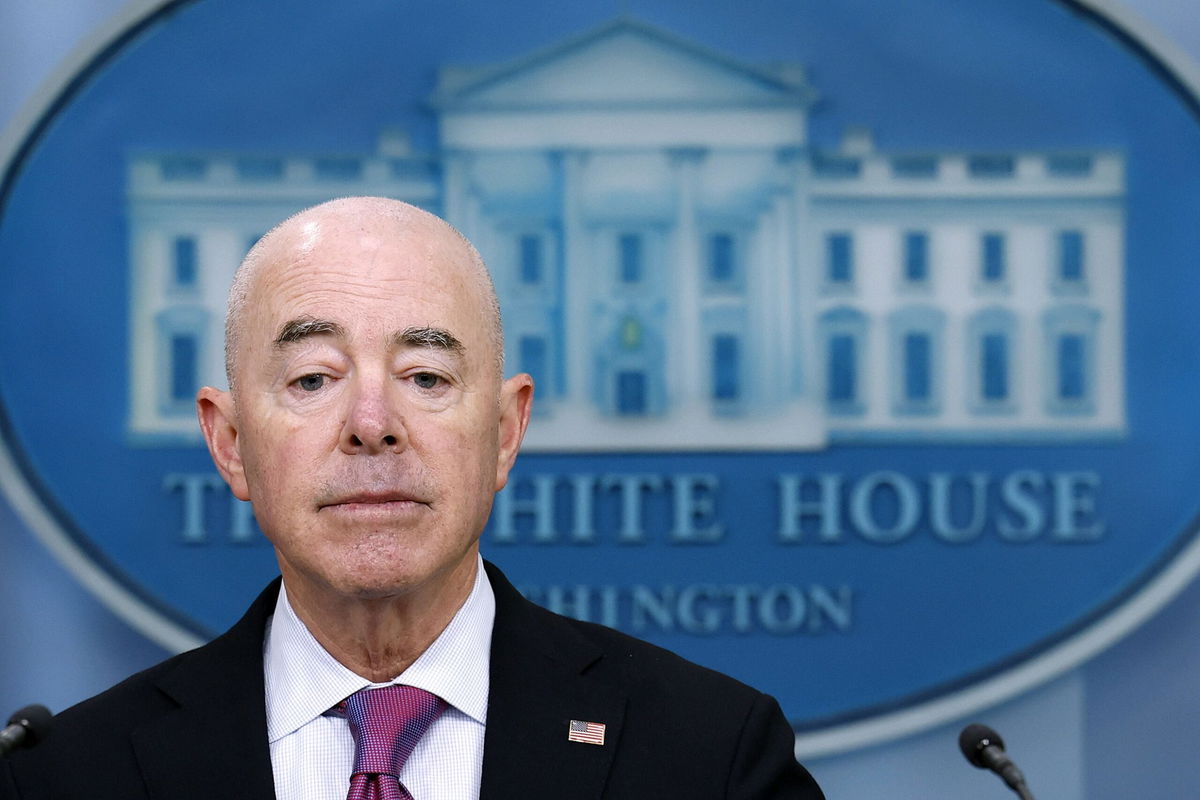 <i>Kevin Dietsch/Getty Images/File via CNN Newsource</i><br/>Homeland Security Secretary Alejandro Mayorkas is pictured during a press briefing in Washington